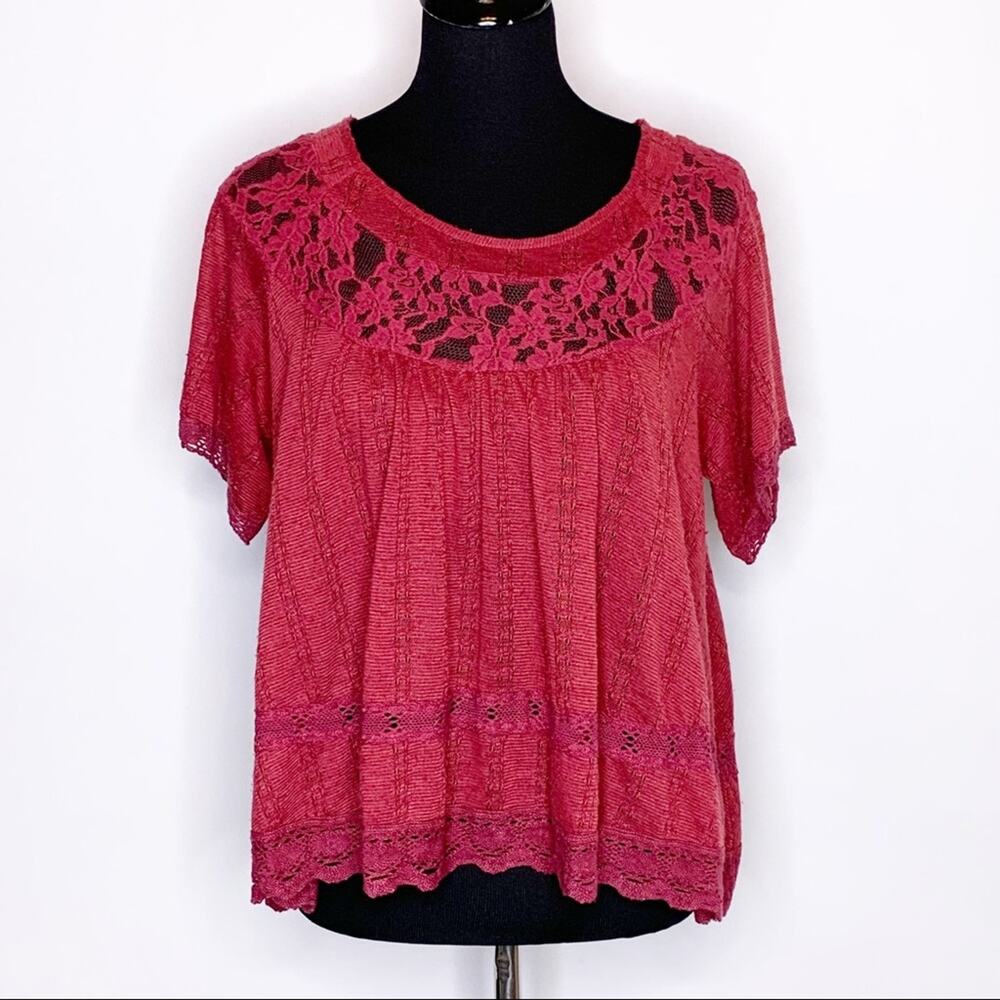 Free People maroon red lace shoulder knit top size Extra Small XS